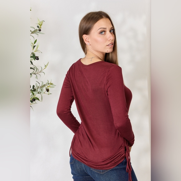Culture Code Full Size Drawstring Round Neck Long Sleeve Wine Top - Picture 2 of 12